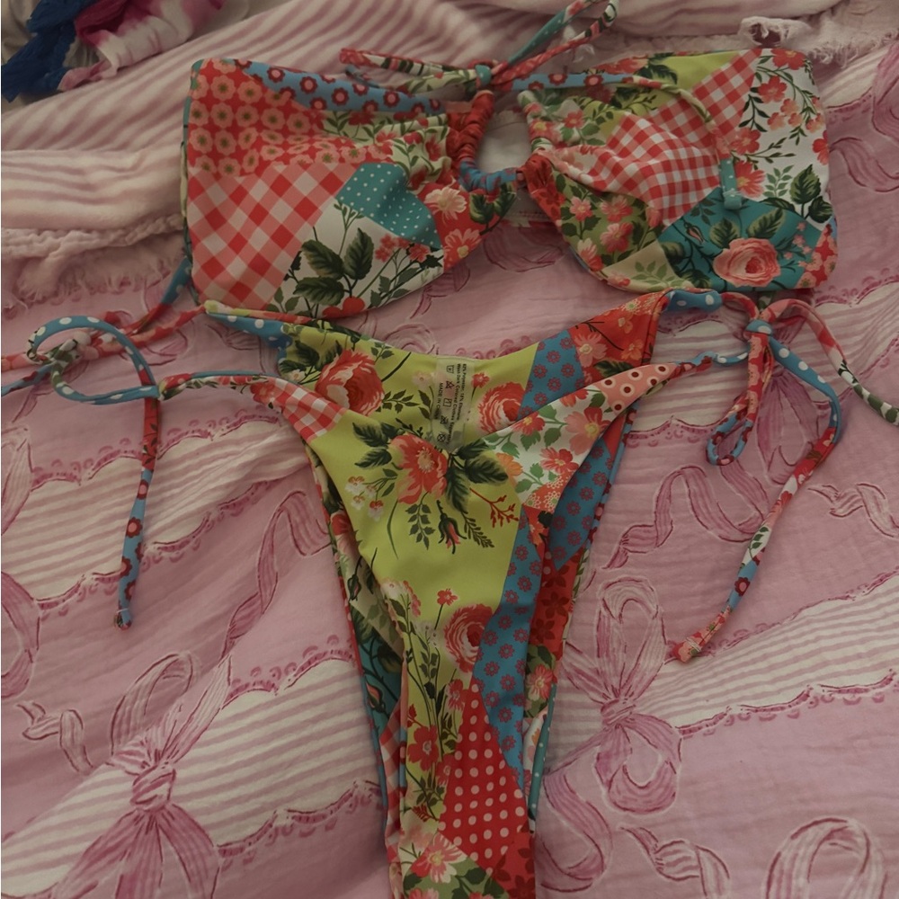 SHEIN Floral Patchwork Tie-Side Bikini Set - Bright Multi